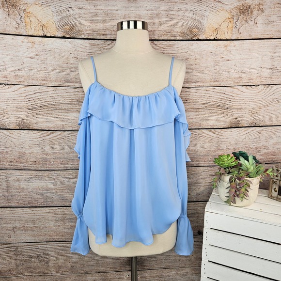 Parker Women's Blue Cold Shoulder Ruffle Long Sleeve Blouse Top Size M - Picture 1 of 6
